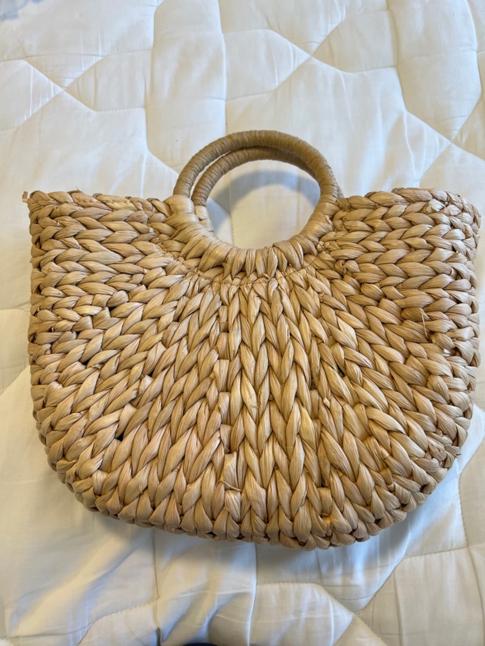 Woven Straw Tote with Cream Pom-Pom Accents - Picture 2 of 4